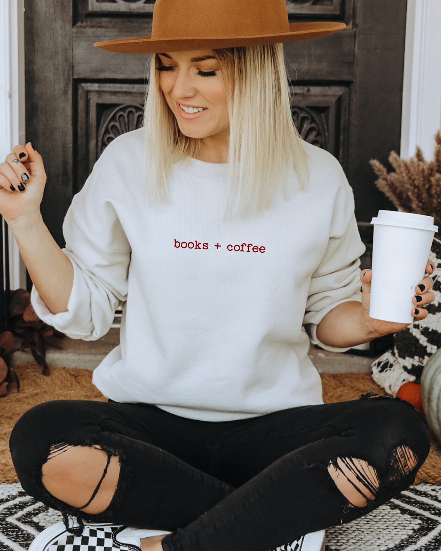 books + coffee embroidered Sweatshirt